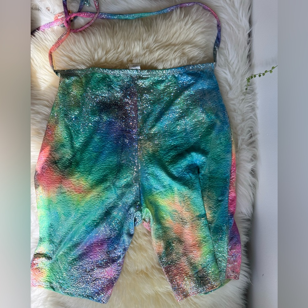 One By One Rainbow Colorful Silver Holographic Tie Up Shorts with V Back